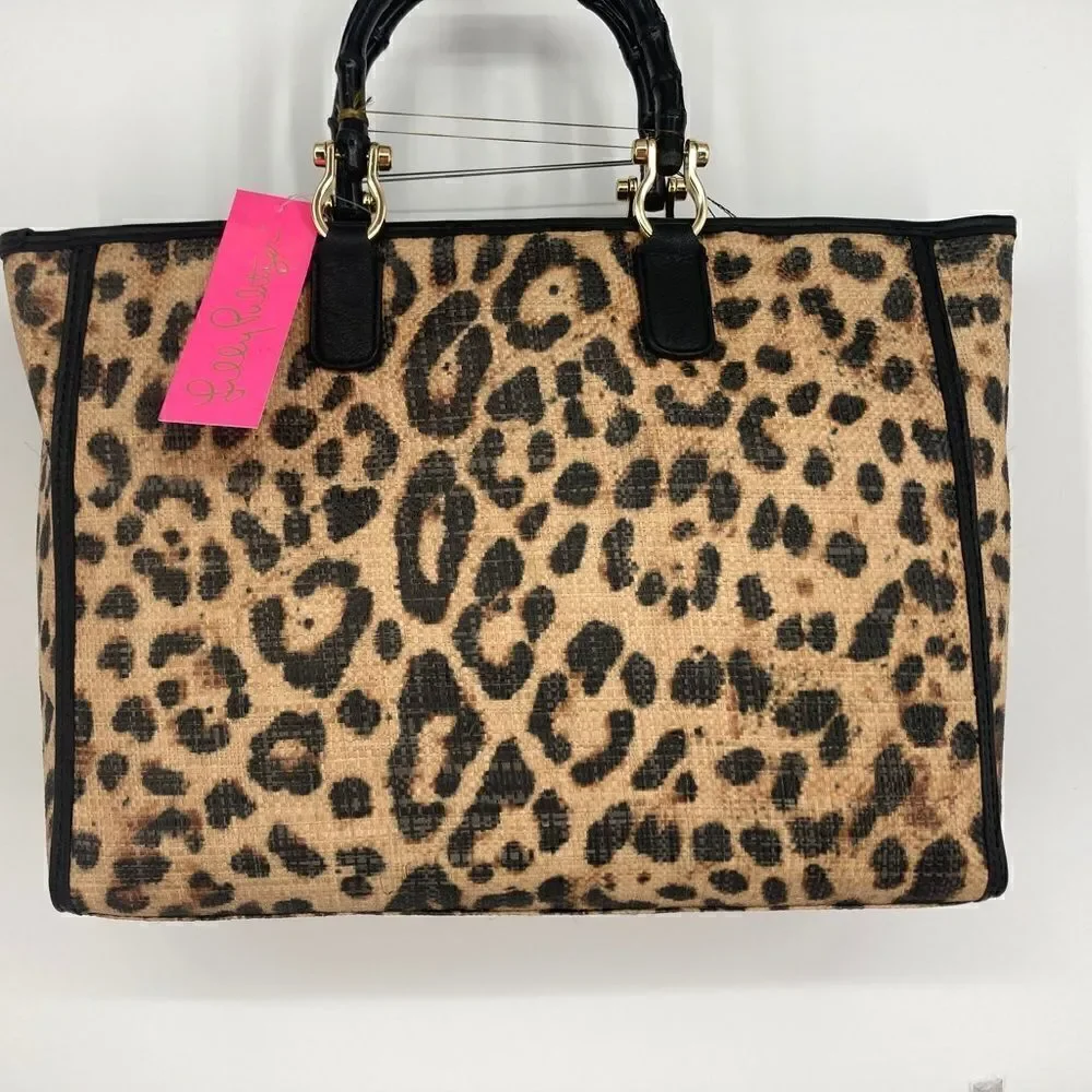 NWT Lilly Pulitzer Leopard Print Rattan Tote with Bamboo Handle